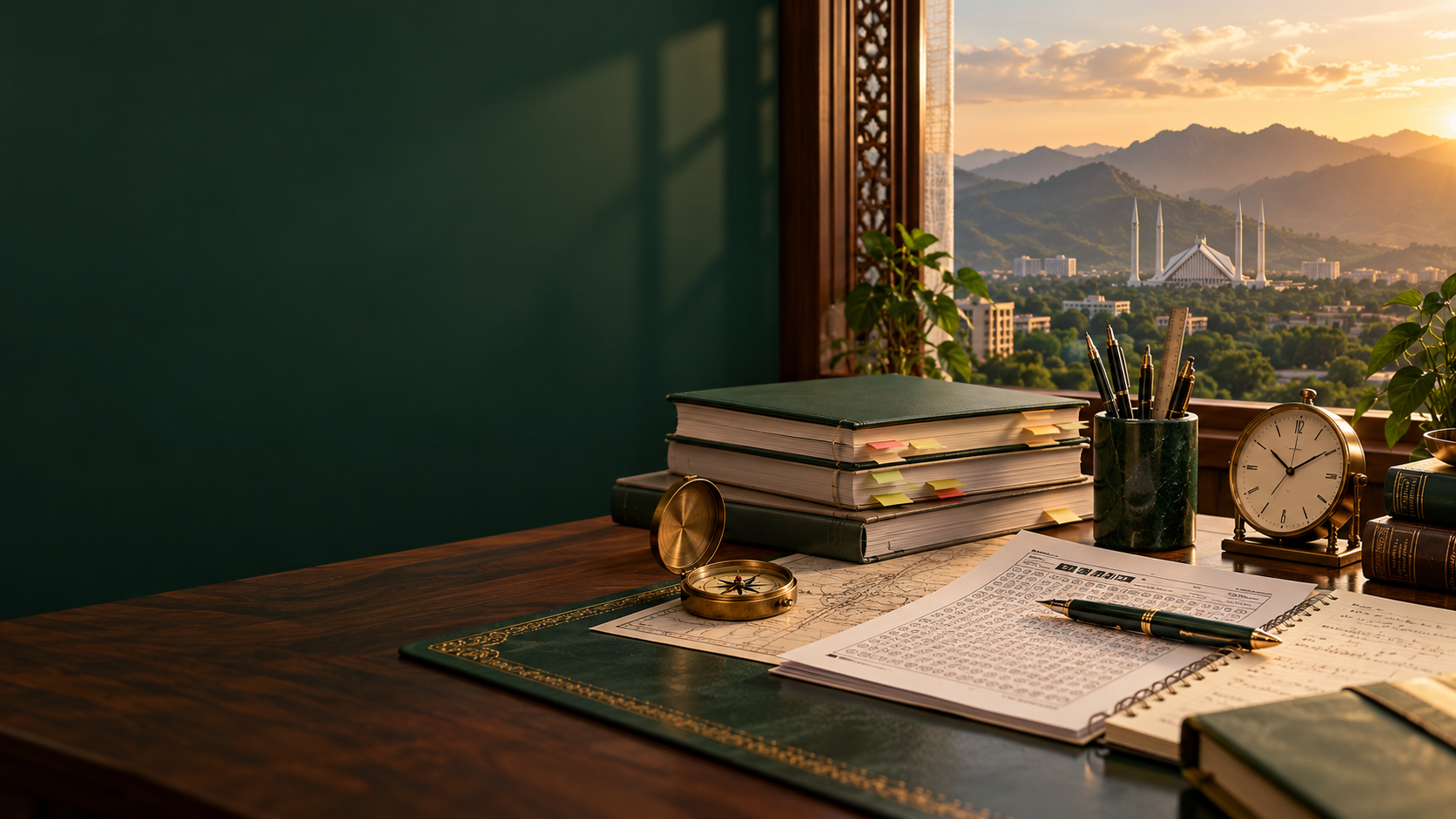 An exam preparation desk overlooking Islamabad