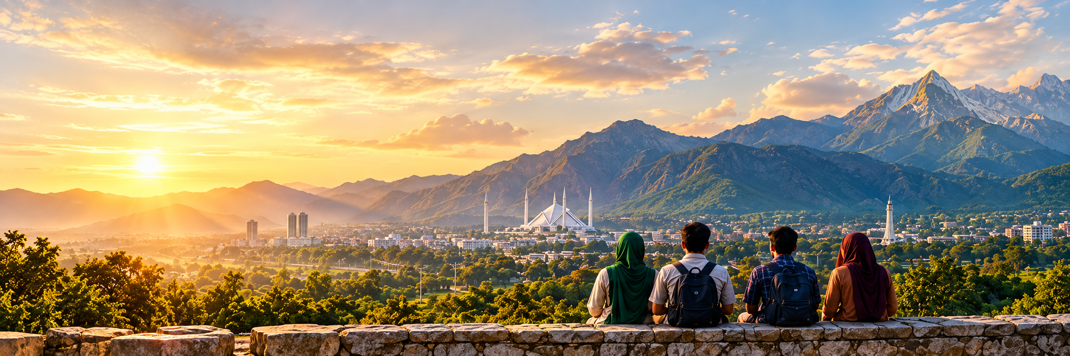 Pakistani Students and Job seekers overlooking Islamabad and the Margalla Hills at sunrise