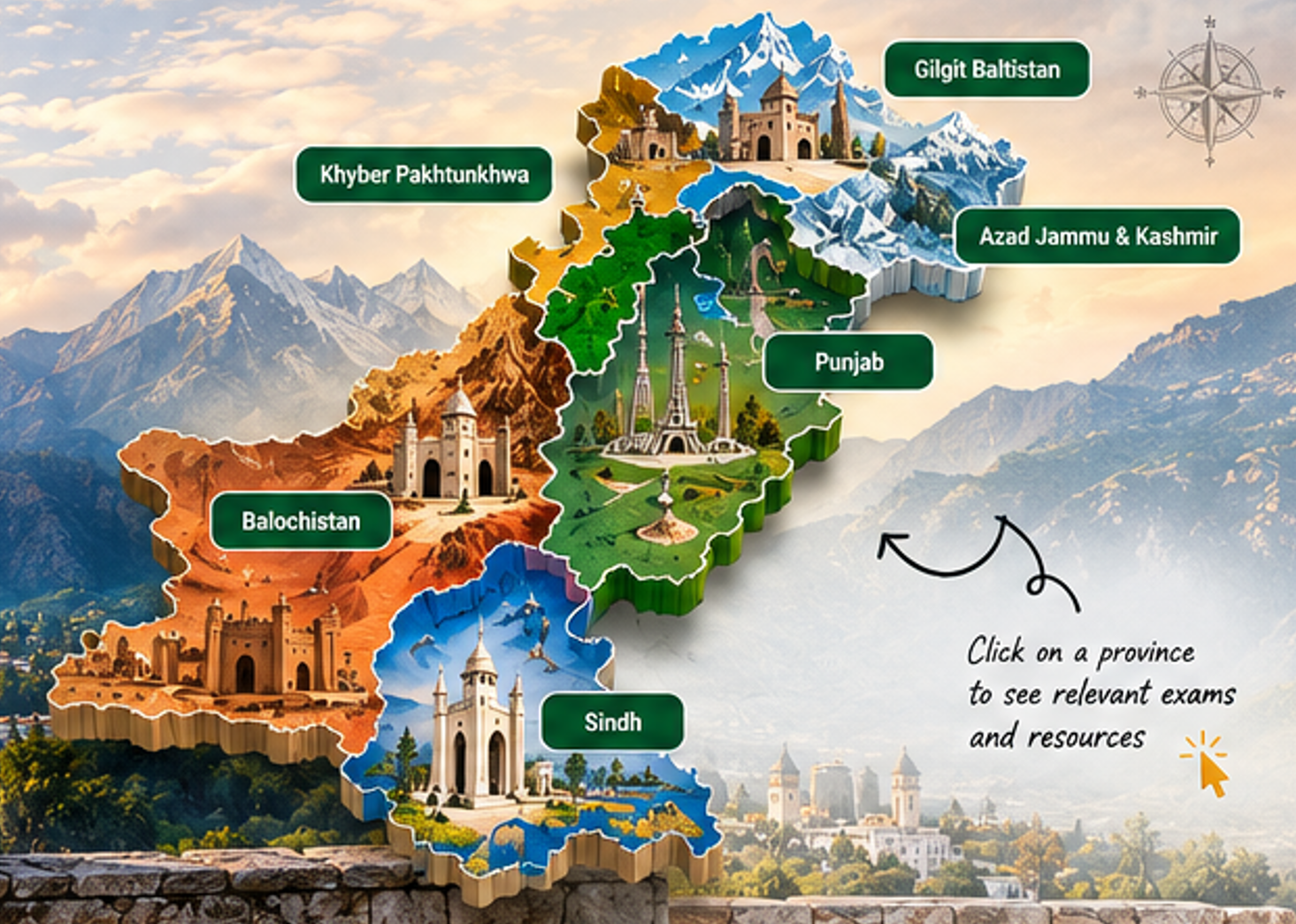 Illustrated map of Pakistan showing provincial landscapes and landmarks