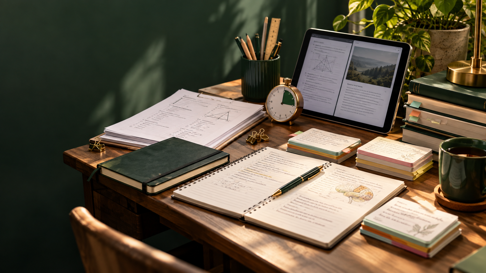 An organised desk with exam papers, revision cards and a timer